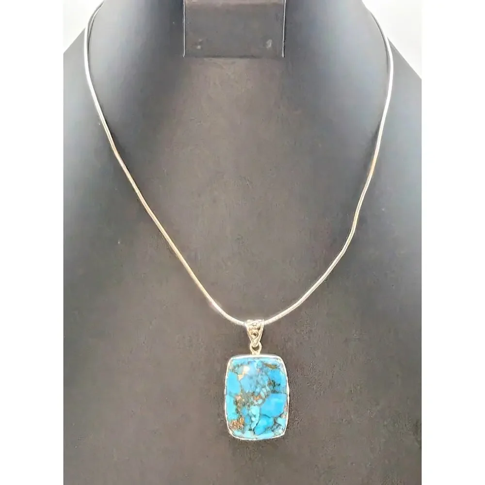 VTG 925 Sterling Silver Copper Turquoise Pendant on Sterling 18" Cable Wire - Picture 8 of 9
